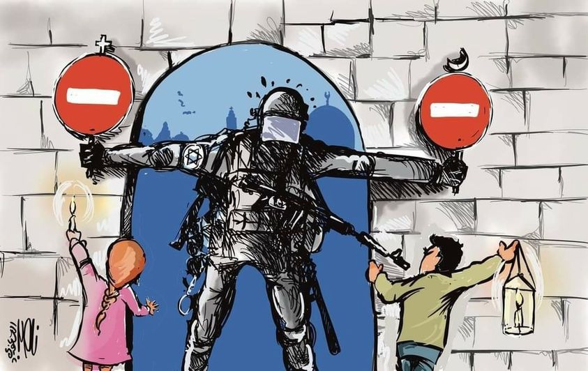 Freedom to practise religion under oppressive Israeli regime. 
 Artwork by Nasse...
