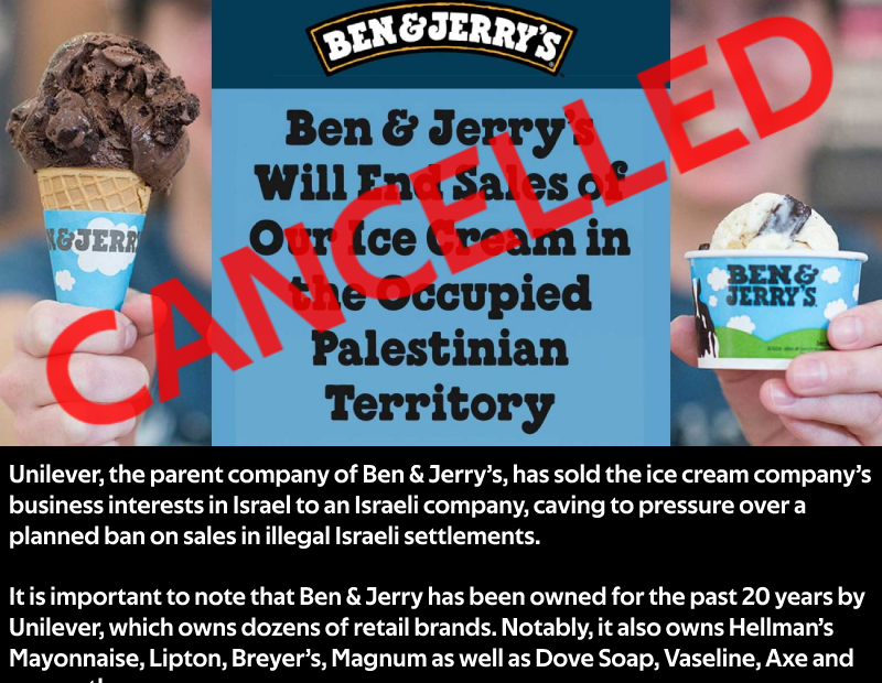 Unilever Sells Ben & Jerry’s in Israel, Ice Cream To Be Sold in Settlements....