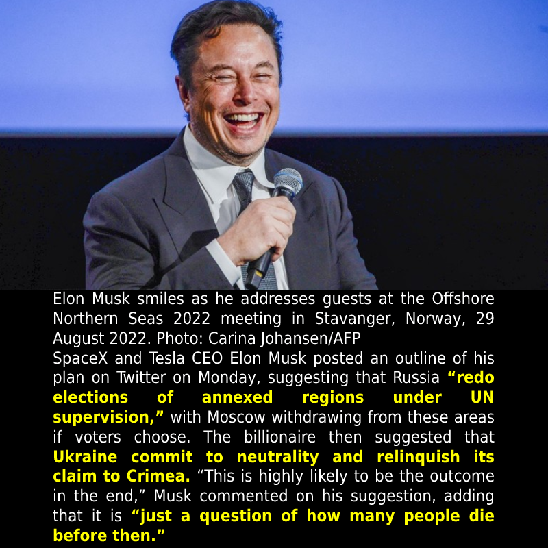 Musk’s peace plan hammered by pro-Ukraine ‘bots’. READ: #CriminaliseWar #Elon…