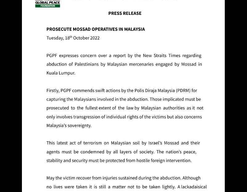 #PressRelease: PROSECUTE MOSSAD OPERATIVES IN MALAYSIA
 READ: 
 #EnergisePeace #...