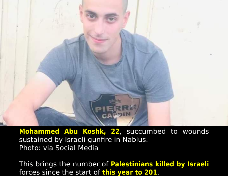 Young Palestinian Man Succumbs to Wounds Sustained by Israeli Gunfire in Nablus....
