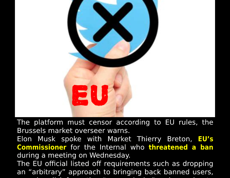 EU threatens Musk with Twitter ban.
 READ: 
 #EU #Ban #Twitter