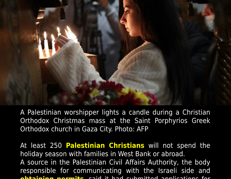 Israel denies Gaza Christians permits to celebrate Christmas with families.
 REA...